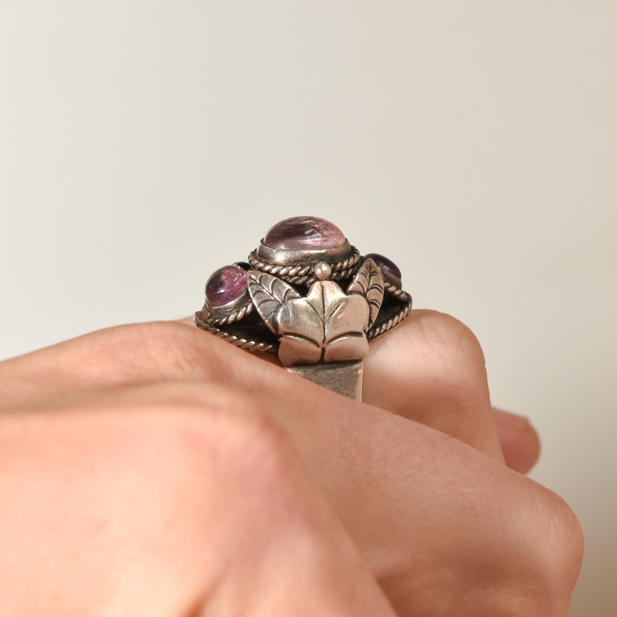 Signed TAXCO Sterling Silver Amethyst Poison Ring, Chunky Adjustable 3-Stone Pillbox Ring, Size 5-8 US