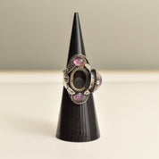 Signed TAXCO Sterling Silver Amethyst Poison Ring, Chunky Adjustable 3-Stone Pillbox Ring, Size 5-8 US