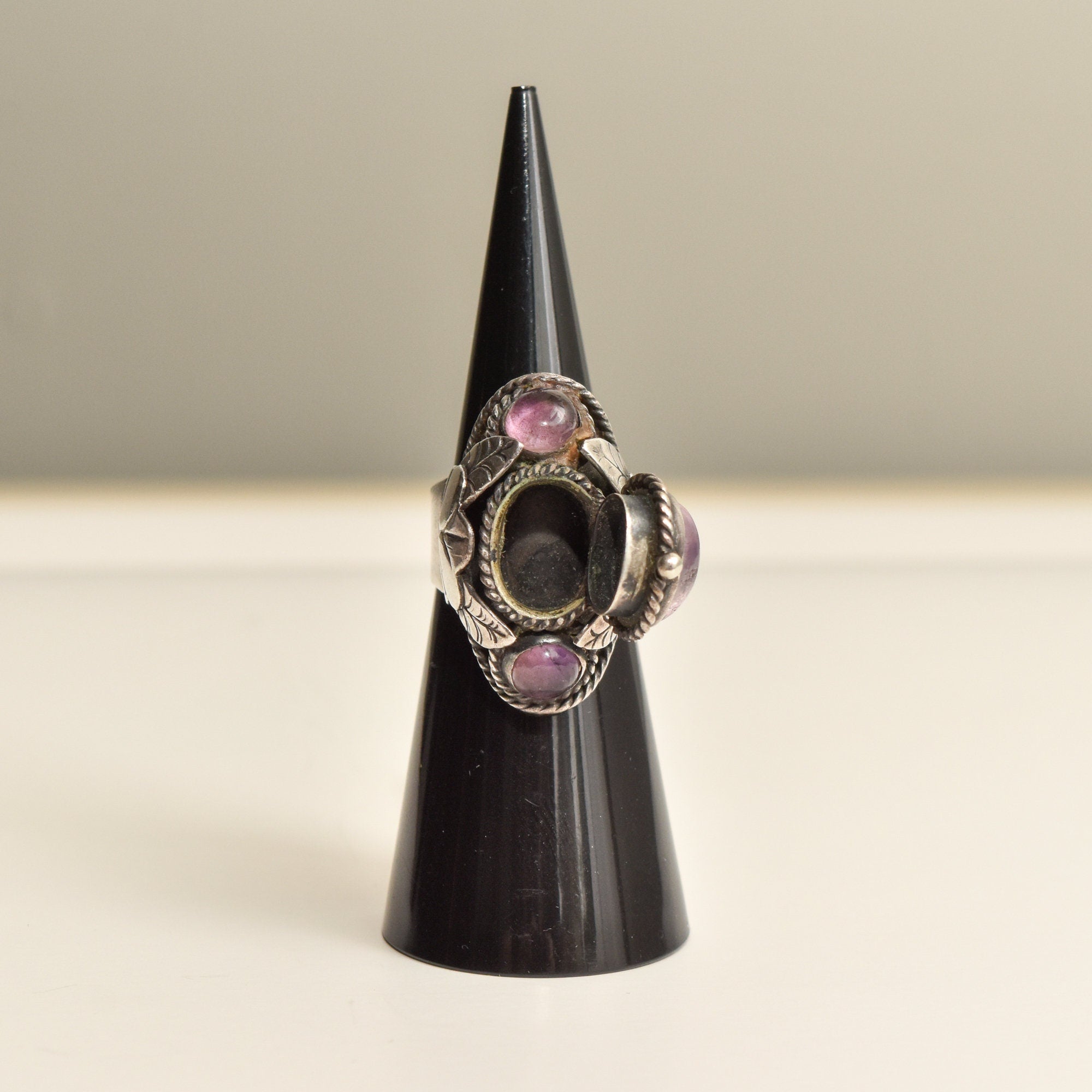 Signed TAXCO Sterling Silver Amethyst Poison Ring, Chunky Adjustable 3-Stone Pillbox Ring, Size 5-8 US