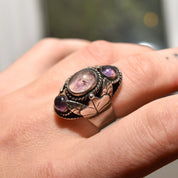 Signed TAXCO Sterling Silver Amethyst Poison Ring, Chunky Adjustable 3-Stone Pillbox Ring, Size 5-8 US