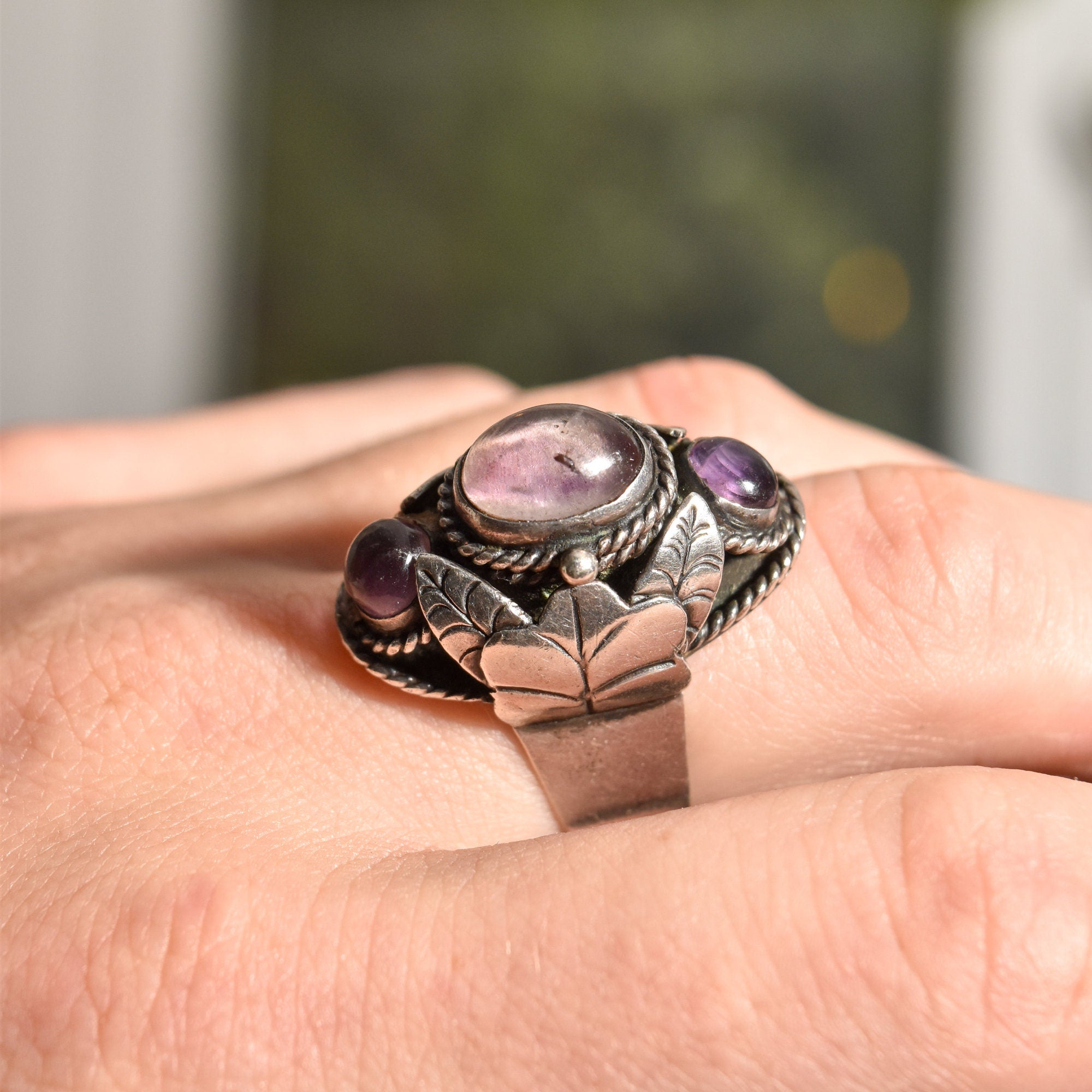 Signed TAXCO Sterling Silver Amethyst Poison Ring, Chunky Adjustable 3-Stone Pillbox Ring, Size 5-8 US