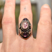 Signed TAXCO Sterling Silver Amethyst Poison Ring, Chunky Adjustable 3-Stone Pillbox Ring, Size 5-8 US