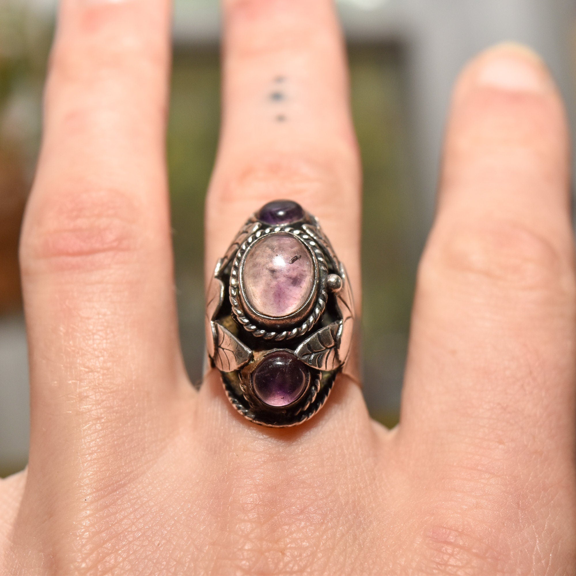 Signed TAXCO Sterling Silver Amethyst Poison Ring, Chunky Adjustable 3-Stone Pillbox Ring, Size 5-8 US