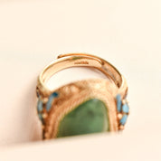 Chinese Export Vermeil Silver Enamel Jade Ring, Gemstone Nugget, Floral Motifs, Adjustable, Size 7-11 US