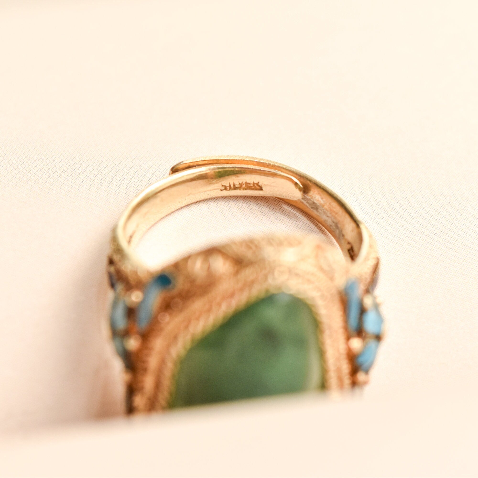 Chinese Export Vermeil Silver Enamel Jade Ring, Gemstone Nugget, Floral Motifs, Adjustable, Size 7-11 US