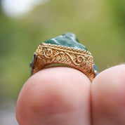 Chinese Export Vermeil Silver Enamel Jade Ring, Gemstone Nugget, Floral Motifs, Adjustable, Size 7-11 US
