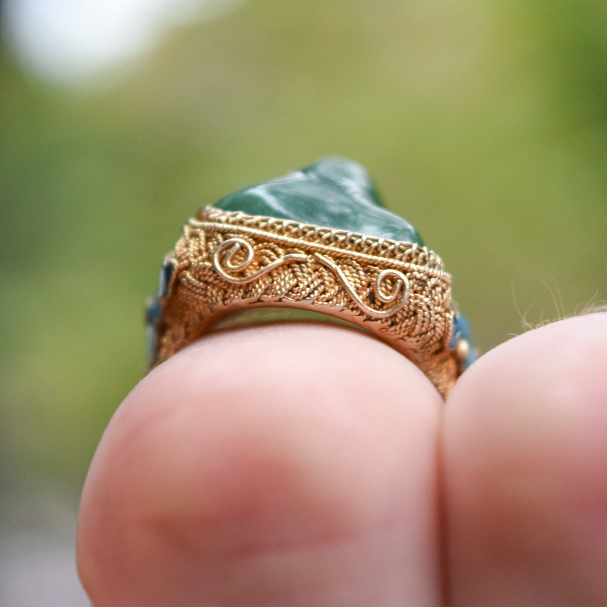 Chinese Export Vermeil Silver Enamel Jade Ring, Gemstone Nugget, Floral Motifs, Adjustable, Size 7-11 US