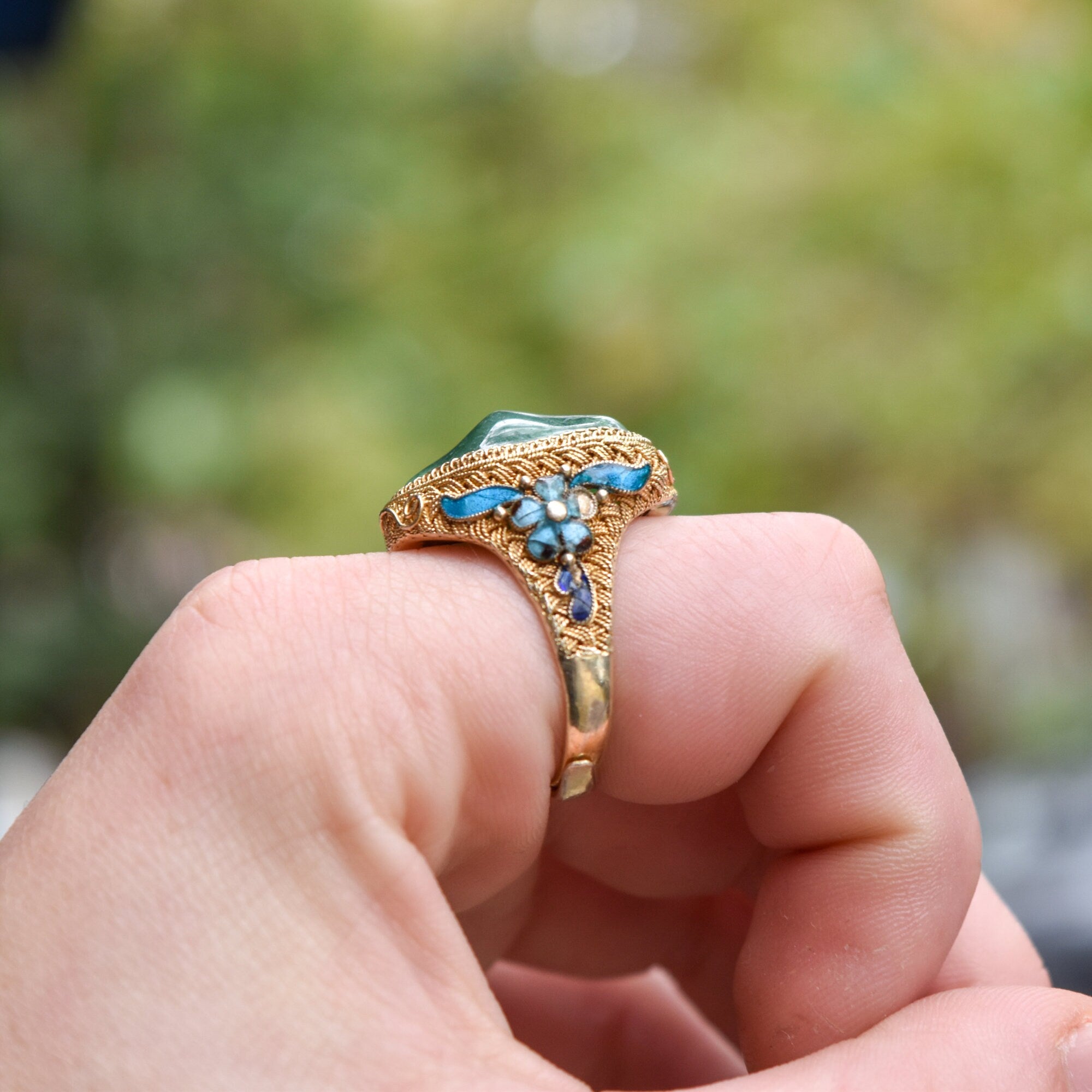 Chinese Export Vermeil Silver Enamel Jade Ring, Gemstone Nugget, Floral Motifs, Adjustable, Size 7-11 US
