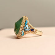 Chinese Export Vermeil Silver Enamel Jade Ring, Gemstone Nugget, Floral Motifs, Adjustable, Size 7-11 US