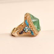Chinese Export Vermeil Silver Enamel Jade Ring, Gemstone Nugget, Floral Motifs, Adjustable, Size 7-11 US