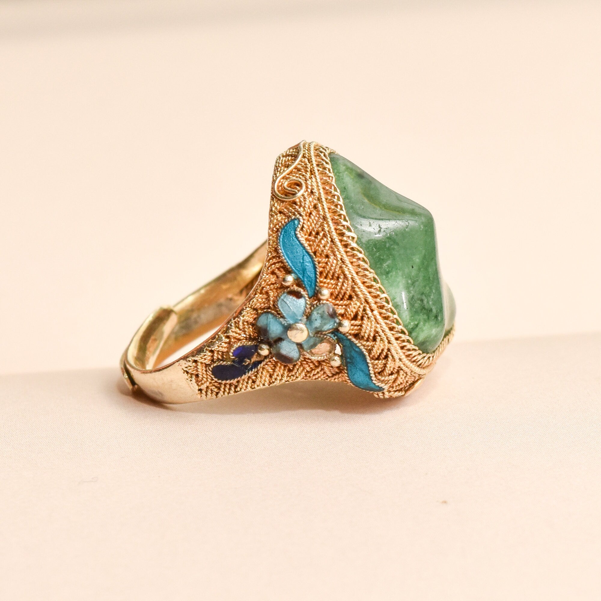 Chinese Export Vermeil Silver Enamel Jade Ring, Gemstone Nugget, Floral Motifs, Adjustable, Size 7-11 US