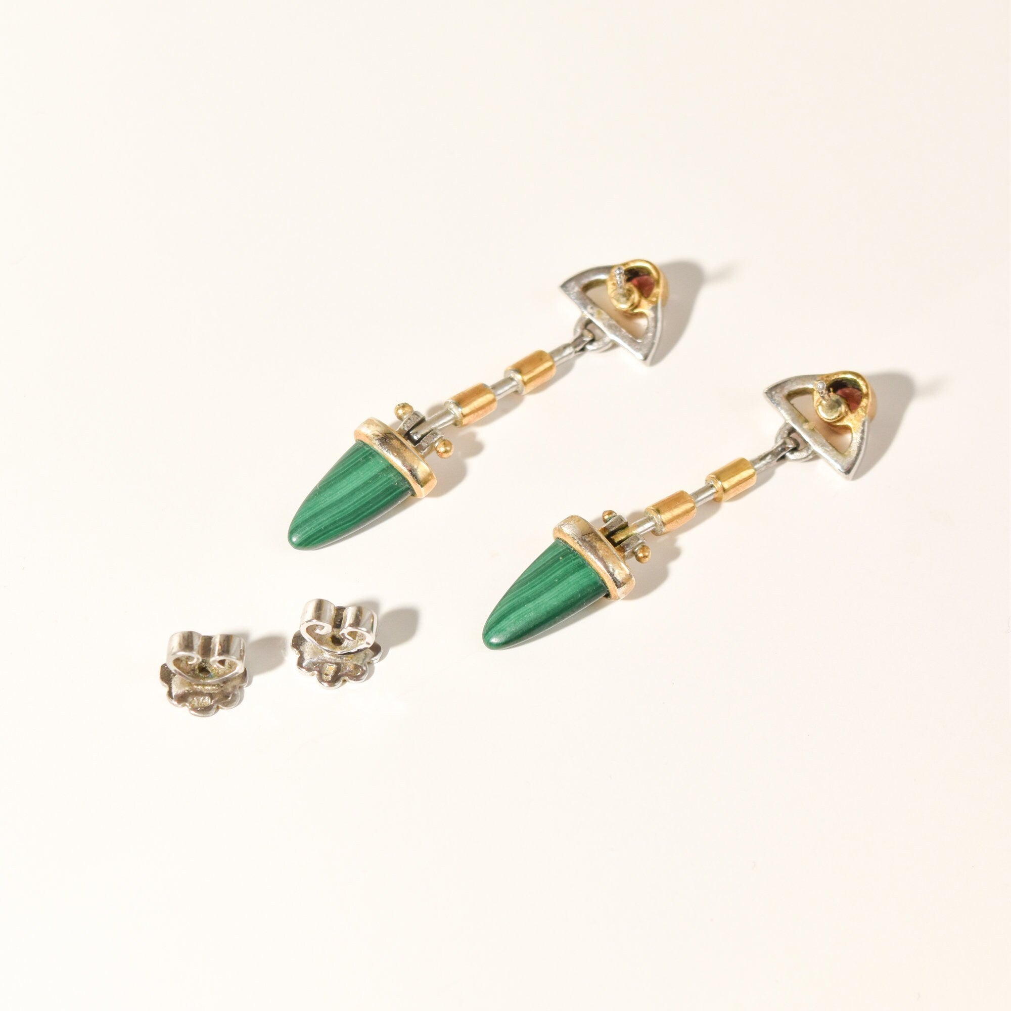 Modernist Two-Tone Malachite Dangle Stud Earrings With Red Gemstone Accent, Estate Jewelry, 48mm L