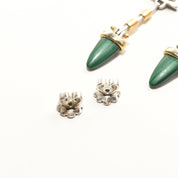 Modernist Two-Tone Malachite Dangle Stud Earrings With Red Gemstone Accent, Estate Jewelry, 48mm L