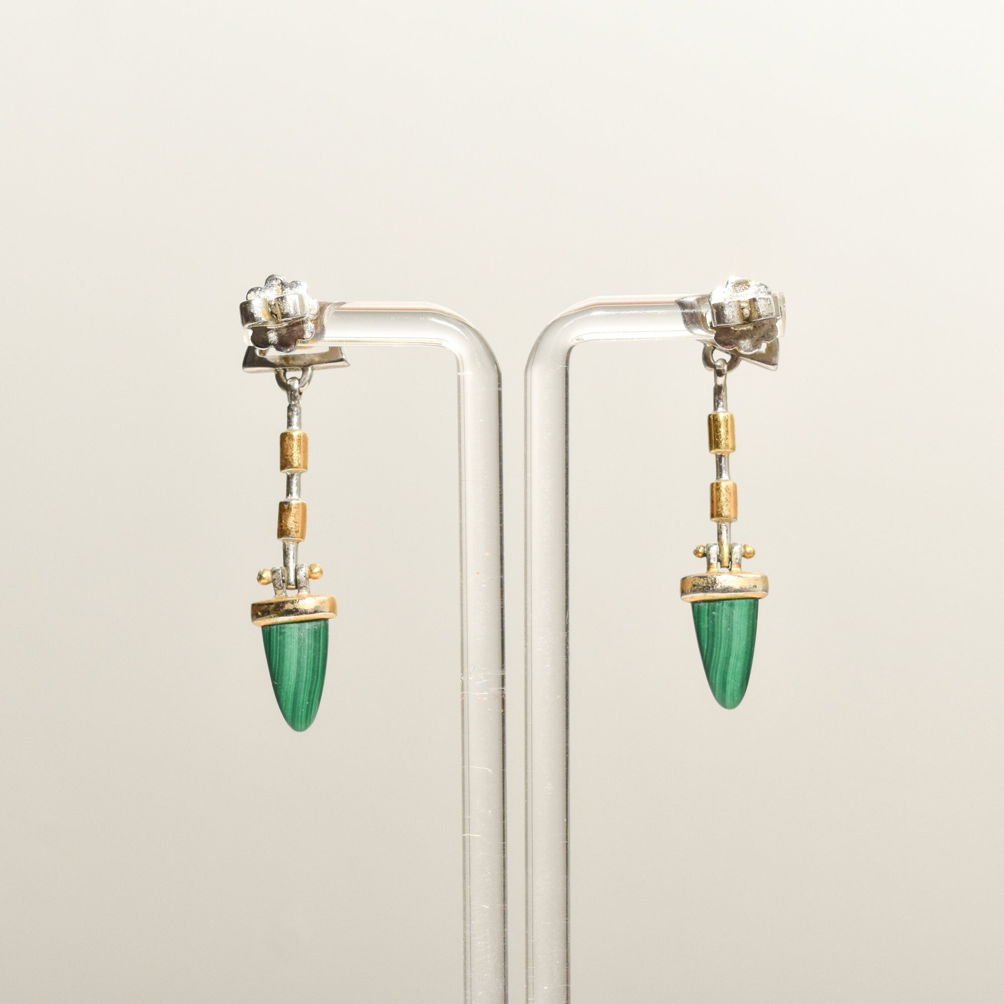 Modernist Two-Tone Malachite Dangle Stud Earrings With Red Gemstone Accent, Estate Jewelry, 48mm L