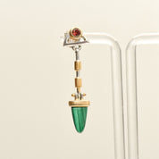 Modernist Two-Tone Malachite Dangle Stud Earrings With Red Gemstone Accent, Estate Jewelry, 48mm L