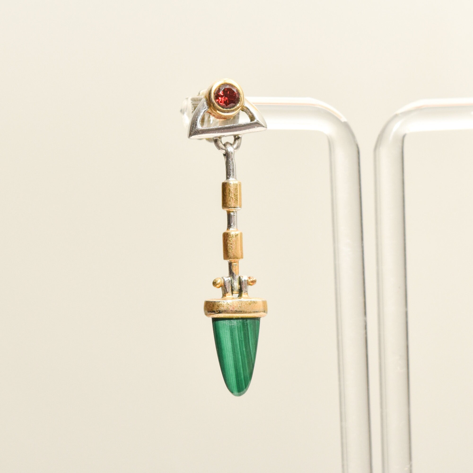 Modernist Two-Tone Malachite Dangle Stud Earrings With Red Gemstone Accent, Estate Jewelry, 48mm L