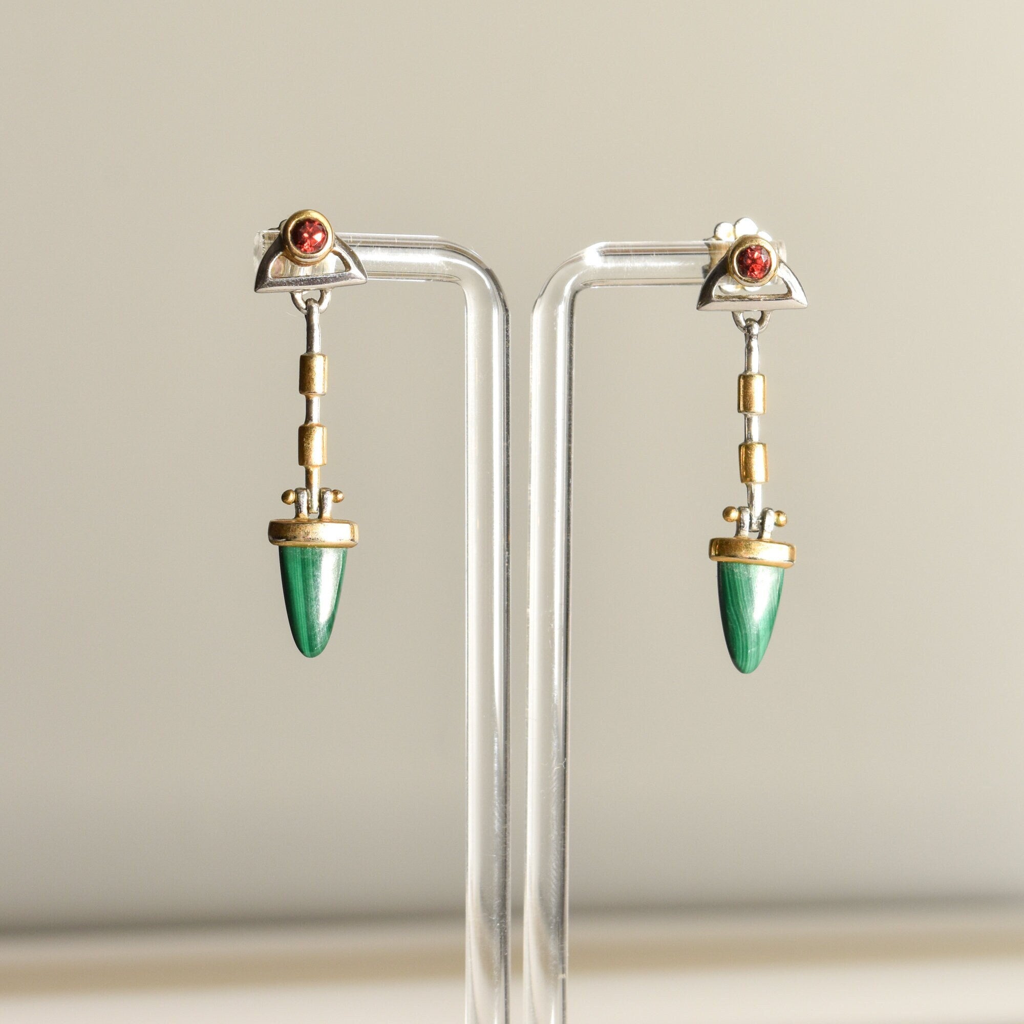 Modernist Two-Tone Malachite Dangle Stud Earrings With Red Gemstone Accent, Estate Jewelry, 48mm L