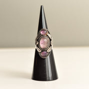 Signed TAXCO Sterling Silver Amethyst Poison Ring, Chunky Adjustable 3-Stone Pillbox Ring, Size 5-8 US