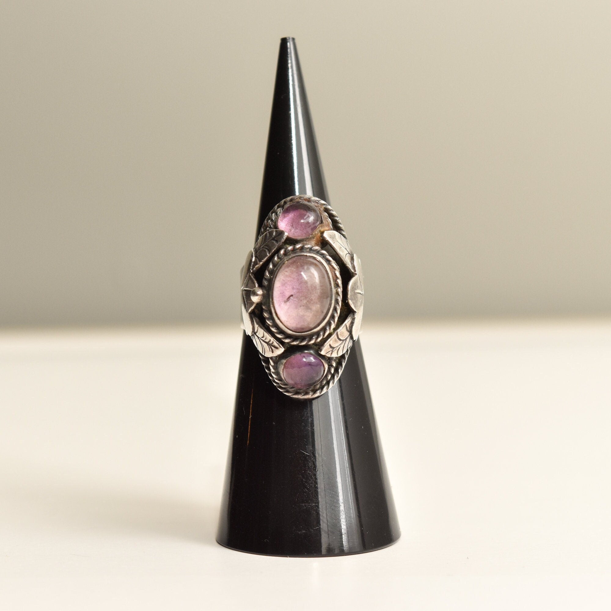 Signed TAXCO Sterling Silver Amethyst Poison Ring, Chunky Adjustable 3-Stone Pillbox Ring, Size 5-8 US