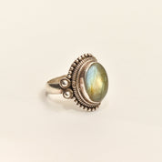 Bohemian Sterling Silver Labradorite Ring, Shield Ring With Iridescent Gemstone, Size 9 US