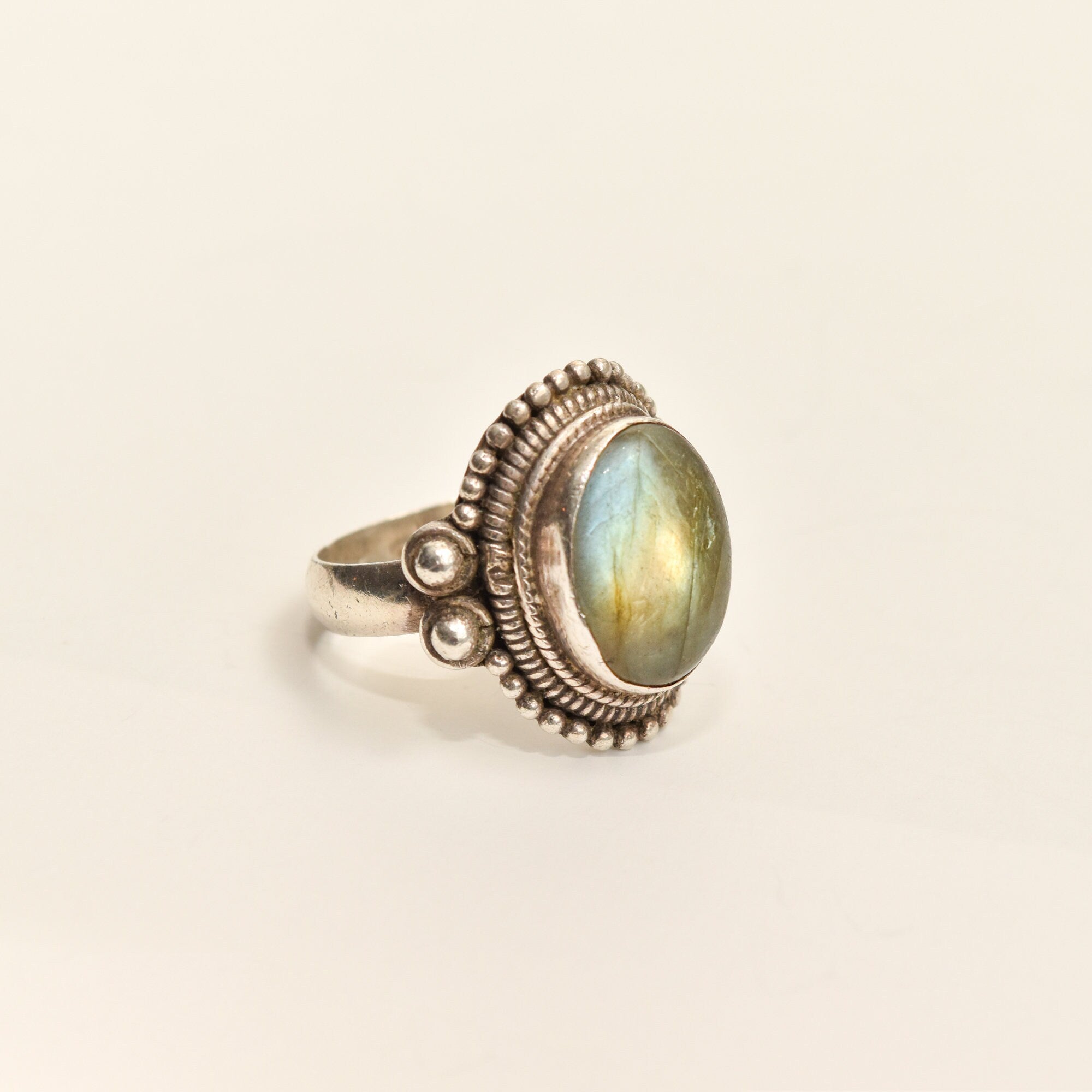 Bohemian Sterling Silver Labradorite Ring, Shield Ring With Iridescent Gemstone, Size 9 US
