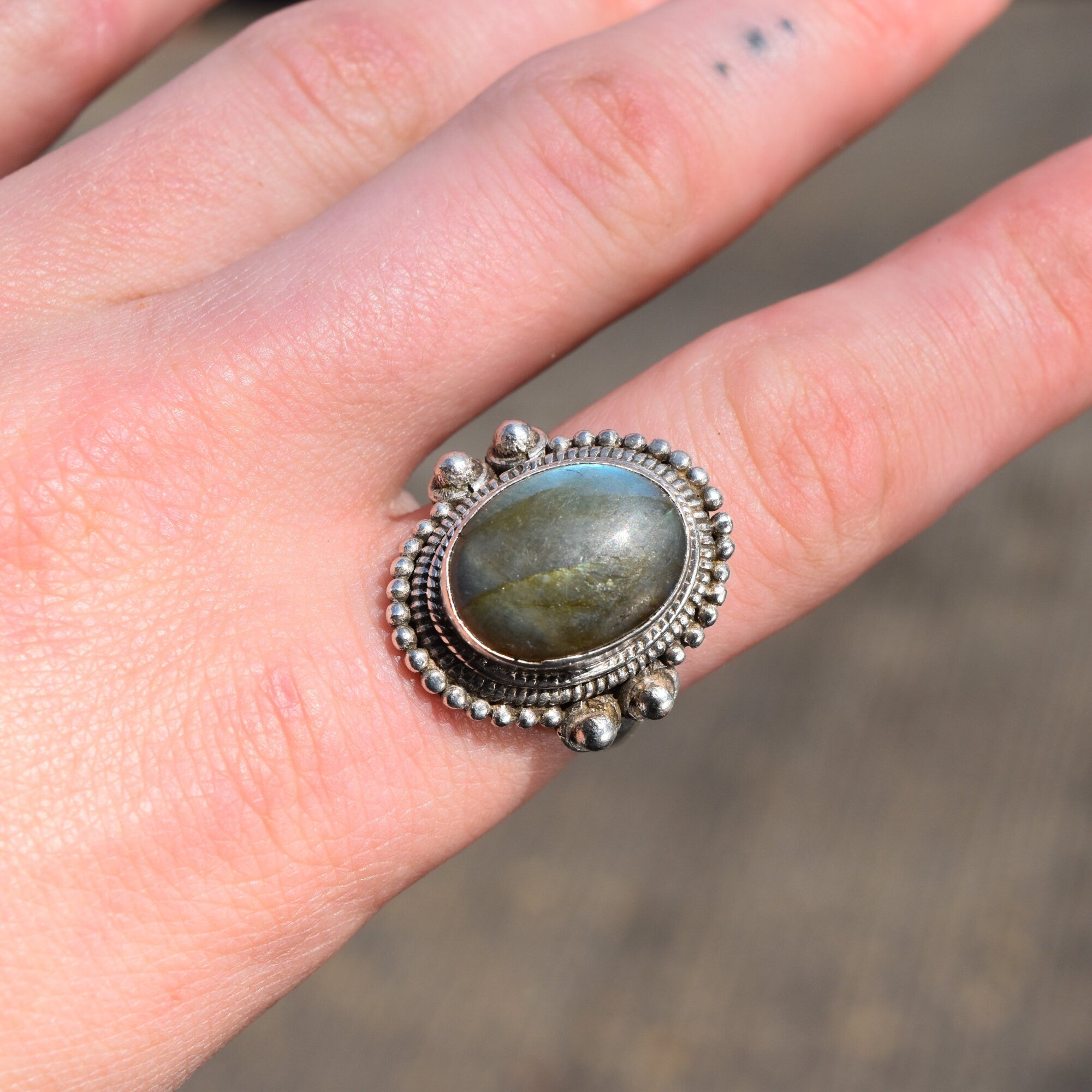 Bohemian Sterling Silver Labradorite Ring, Shield Ring With Iridescent Gemstone, Size 9 US