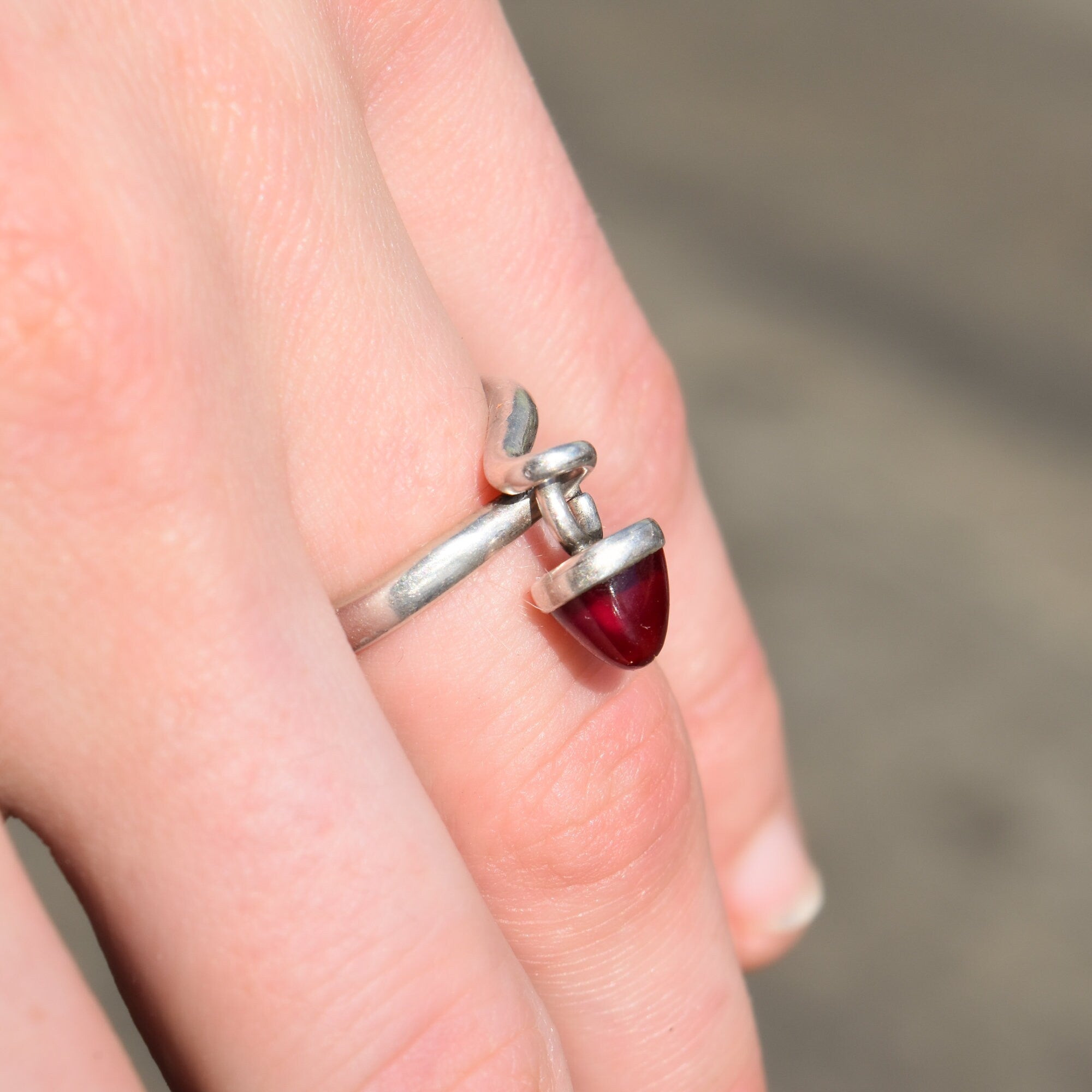 Cute Sterling Silver Red Sugarloaf Dangle Ring, Stacking Charm Ring, Vintage Jewelry, Size 6 US