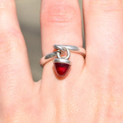 Cute Sterling Silver Red Sugarloaf Dangle Ring, Stacking Charm Ring, Vintage Jewelry, Size 6 US
