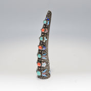 Antique Chinese Enamel Filigree Finger Guard Brooch Pin, Turquoise & Coral Cabochons, Floral Motifs, 8.5cm