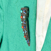 Antique Chinese Enamel Filigree Finger Guard Brooch Pin, Turquoise & Coral Cabochons, Floral Motifs, 8.5cm