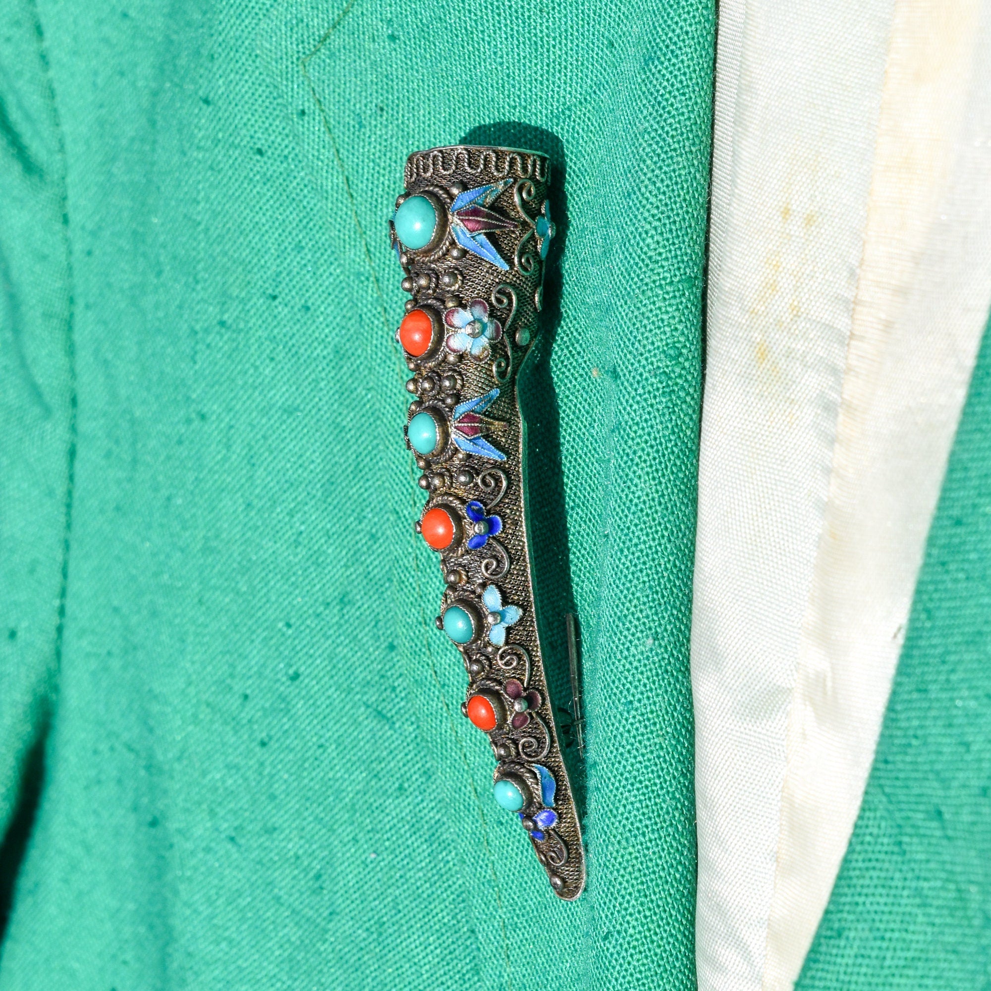 Antique Chinese Enamel Filigree Finger Guard Brooch Pin, Turquoise & Coral Cabochons, Floral Motifs, 8.5cm