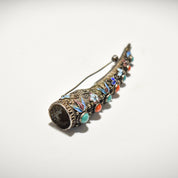 Antique Chinese Enamel Filigree Finger Guard Brooch Pin, Turquoise & Coral Cabochons, Floral Motifs, 8.5cm