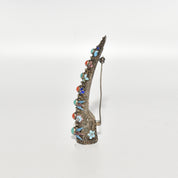 Antique Chinese Enamel Filigree Finger Guard Brooch Pin, Turquoise & Coral Cabochons, Floral Motifs, 8.5cm