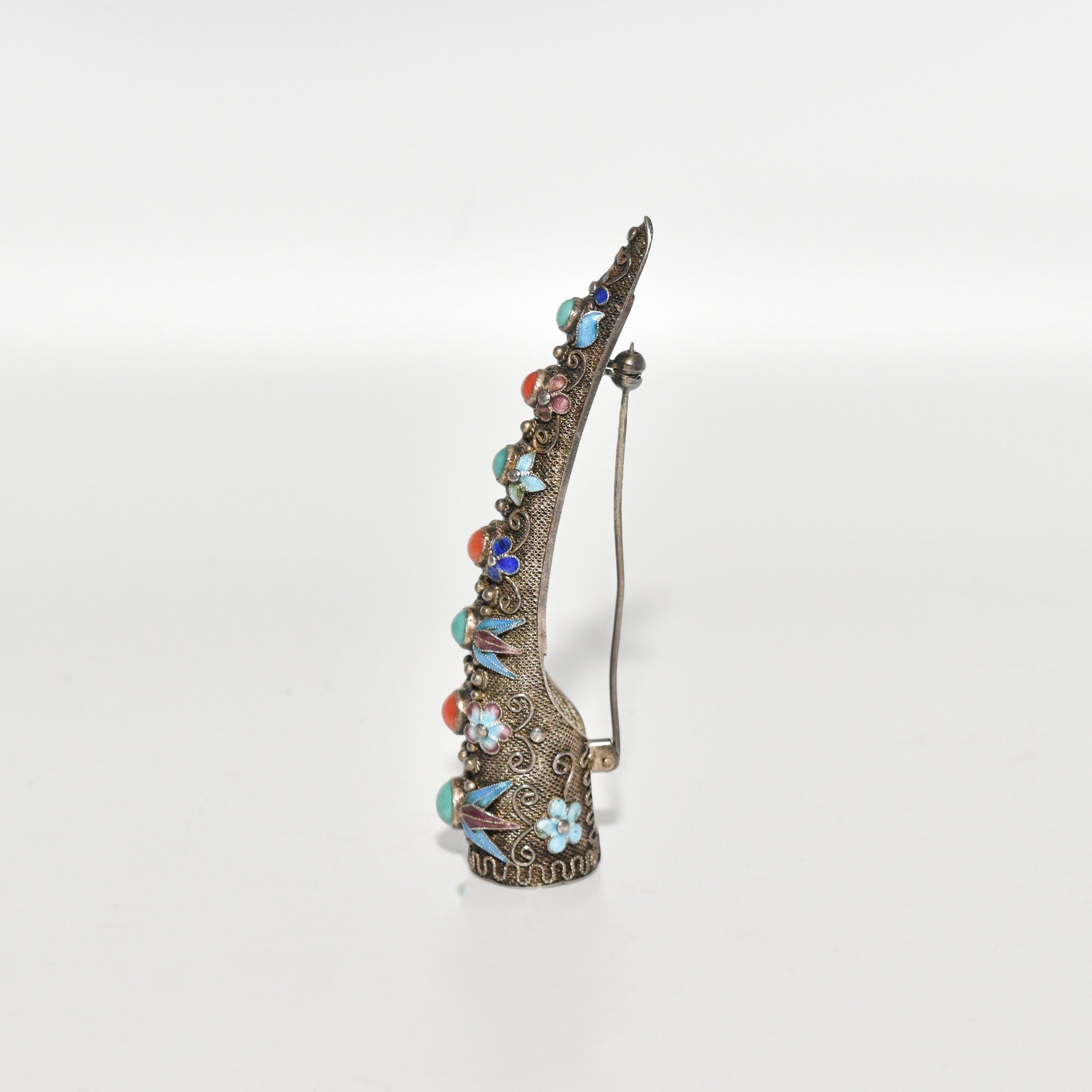 Antique Chinese Enamel Filigree Finger Guard Brooch Pin, Turquoise & Coral Cabochons, Floral Motifs, 8.5cm