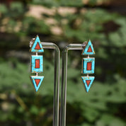 Modernist Turquoise Coral Stud Earrings, Beautiful Stone Inlay, BGM Sterling, New Mexico Jewelry, 2" L