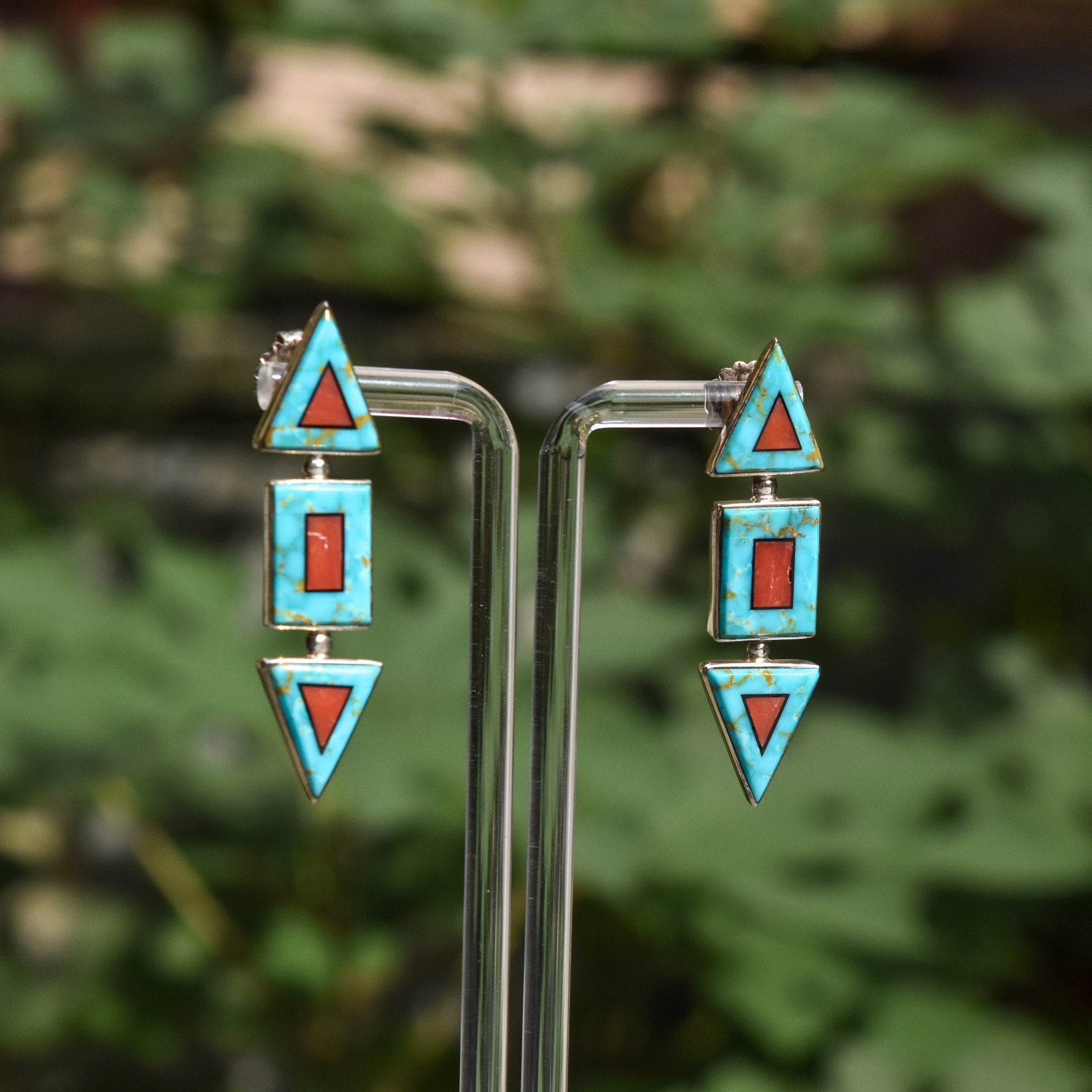 Modernist Turquoise Coral Stud Earrings, Beautiful Stone Inlay, BGM Sterling, New Mexico Jewelry, 2" L