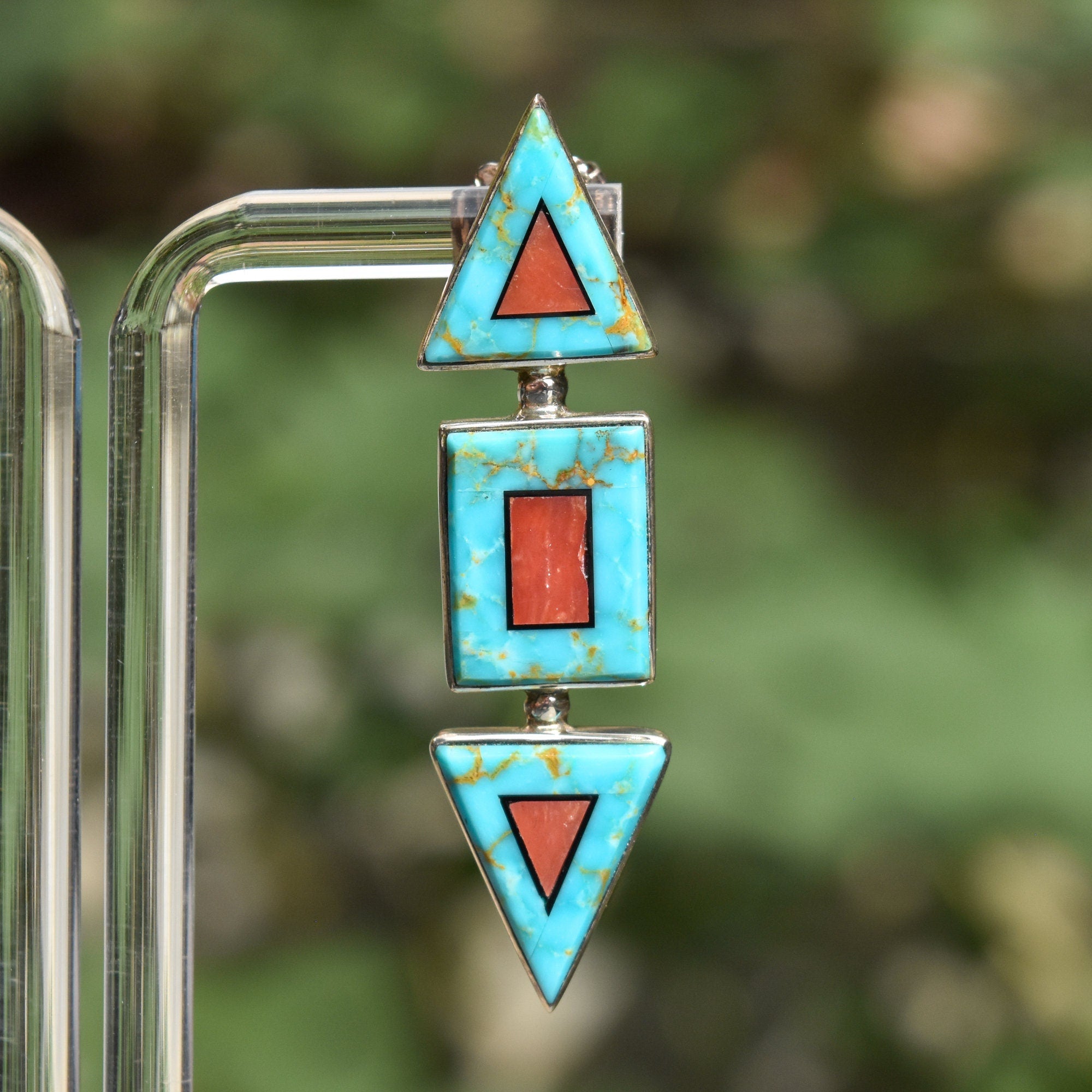 Modernist Turquoise Coral Stud Earrings, Beautiful Stone Inlay, BGM Sterling, New Mexico Jewelry, 2" L