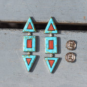 Modernist Turquoise Coral Stud Earrings, Beautiful Stone Inlay, BGM Sterling, New Mexico Jewelry, 2" L