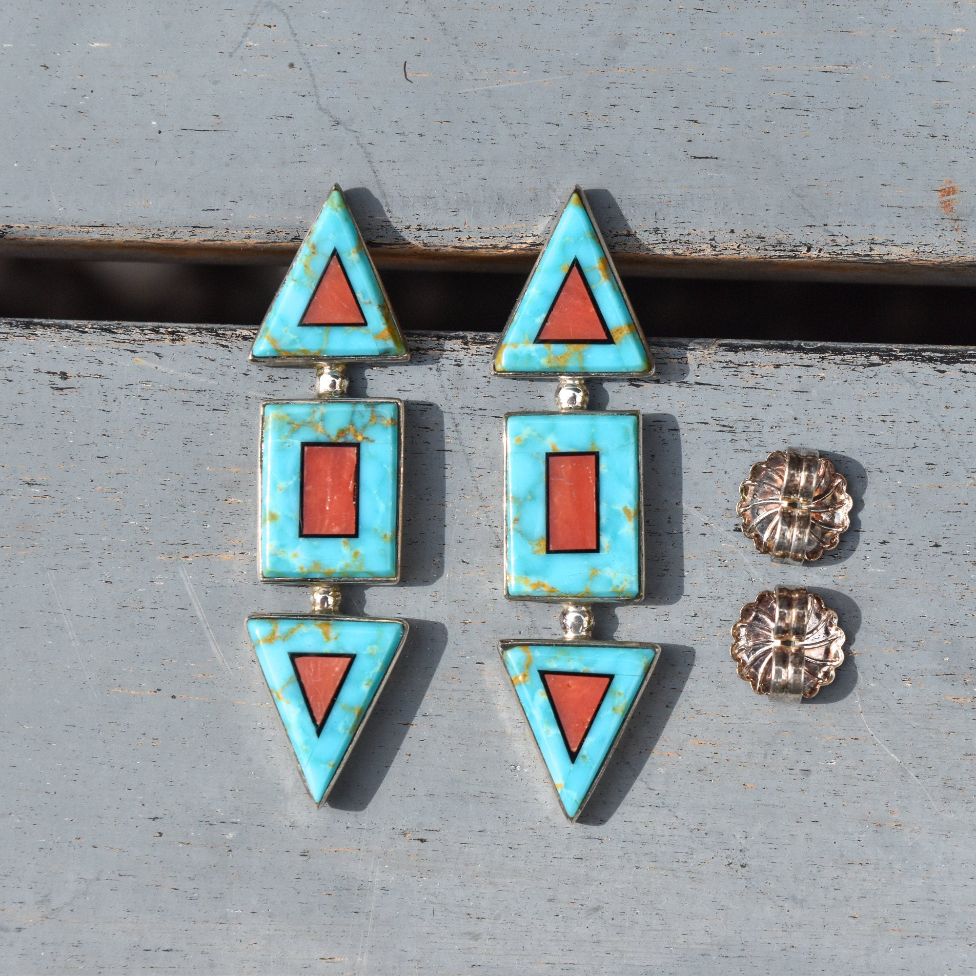 Modernist Turquoise Coral Stud Earrings, Beautiful Stone Inlay, BGM Sterling, New Mexico Jewelry, 2" L