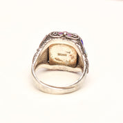 Chinese Silver Filigree Enamel Amethyst Ring, Beautiful Floral Motifs, Estate Jewelry, Size 7-10 US