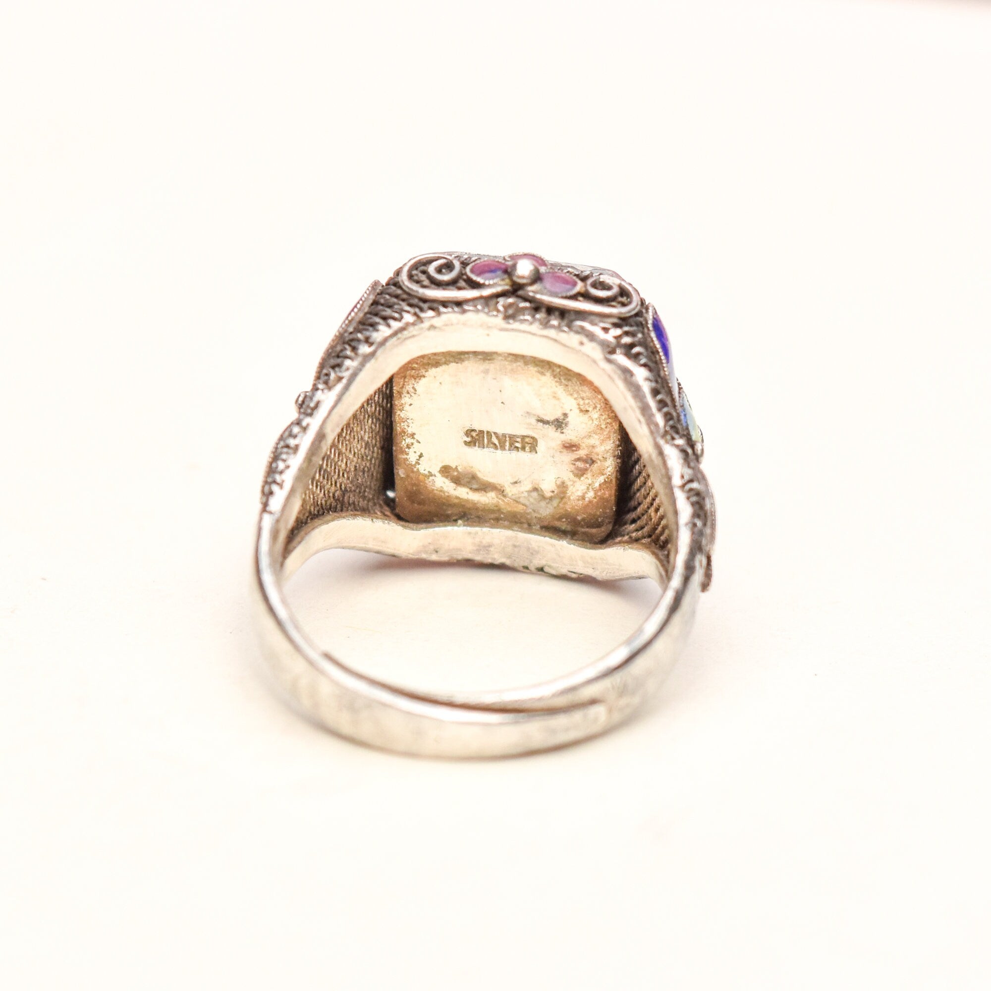 Chinese Silver Filigree Enamel Amethyst Ring, Beautiful Floral Motifs, Estate Jewelry, Size 7-10 US