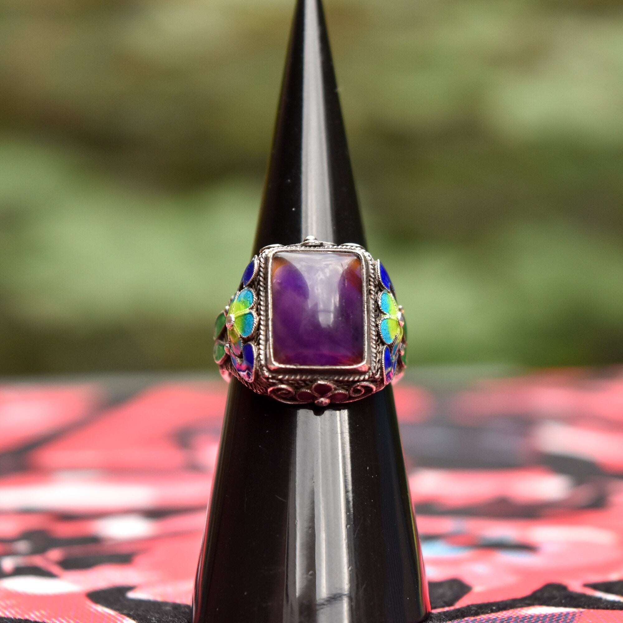 Chinese Silver Filigree Enamel Amethyst Ring, Beautiful Floral Motifs, Estate Jewelry, Size 7-10 US