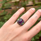Chinese Silver Filigree Enamel Amethyst Ring, Beautiful Floral Motifs, Estate Jewelry, Size 7-10 US