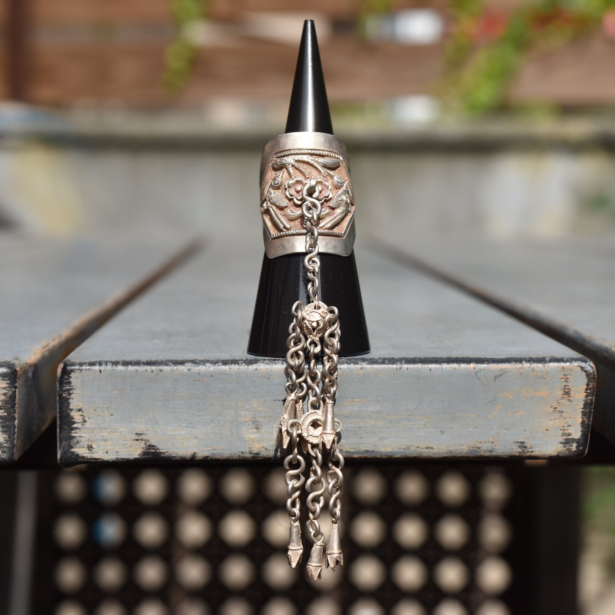 Antique Chinese Sterling Silver Repousse Opera Ring With Long Dangle Charm, Chased Floral & Bird Motif, Adjustable