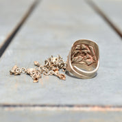 Antique Chinese Sterling Silver Repousse Opera Ring With Long Dangle Charm, Chased Floral & Bird Motif, Adjustable