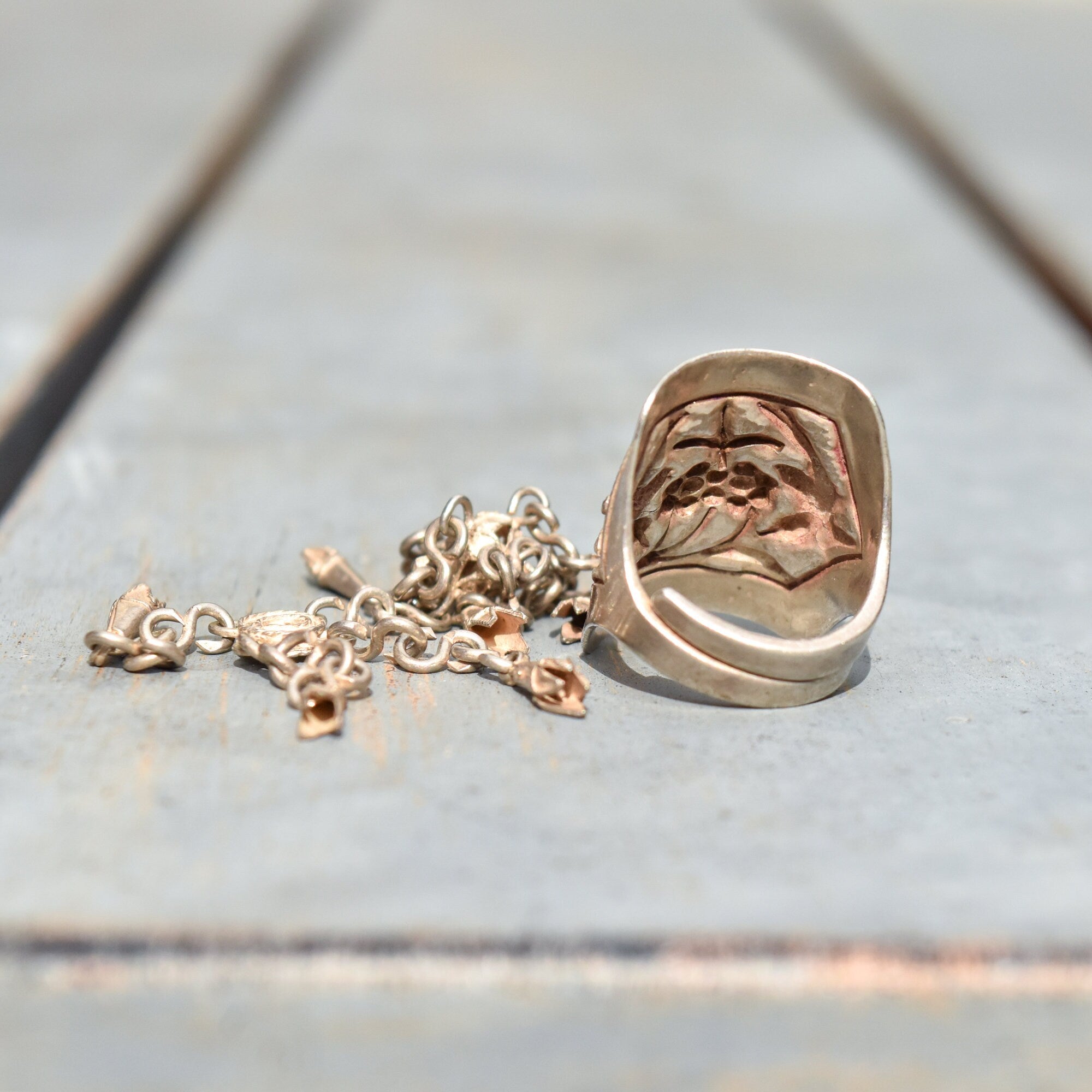 Antique Chinese Sterling Silver Repousse Opera Ring With Long Dangle Charm, Chased Floral & Bird Motif, Adjustable