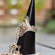 Antique Chinese Sterling Silver Repousse Opera Ring With Long Dangle Charm, Chased Floral & Bird Motif, Adjustable