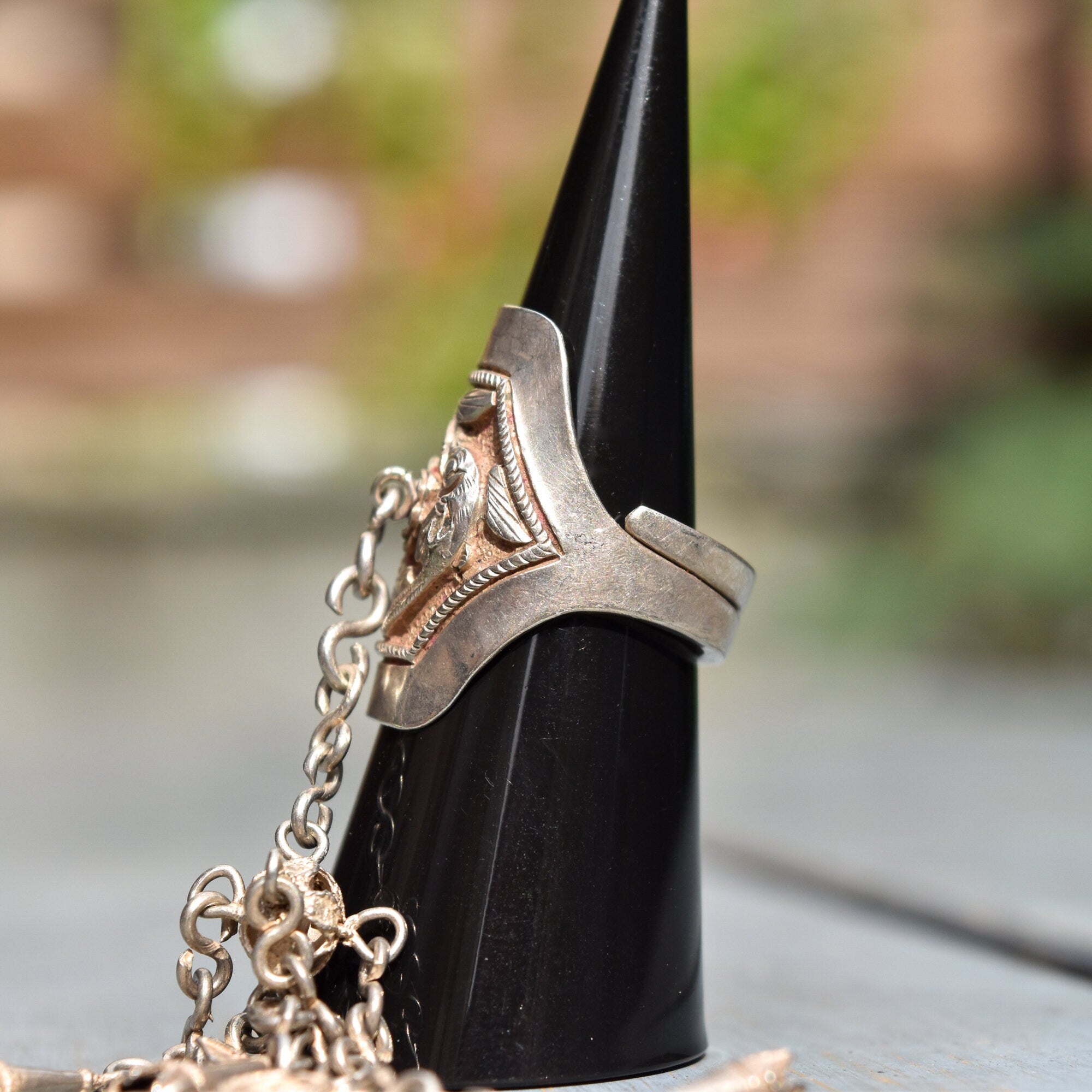 Antique Chinese Sterling Silver Repousse Opera Ring With Long Dangle Charm, Chased Floral & Bird Motif, Adjustable