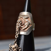 Antique Chinese Sterling Silver Repousse Opera Ring With Long Dangle Charm, Chased Floral & Bird Motif, Adjustable