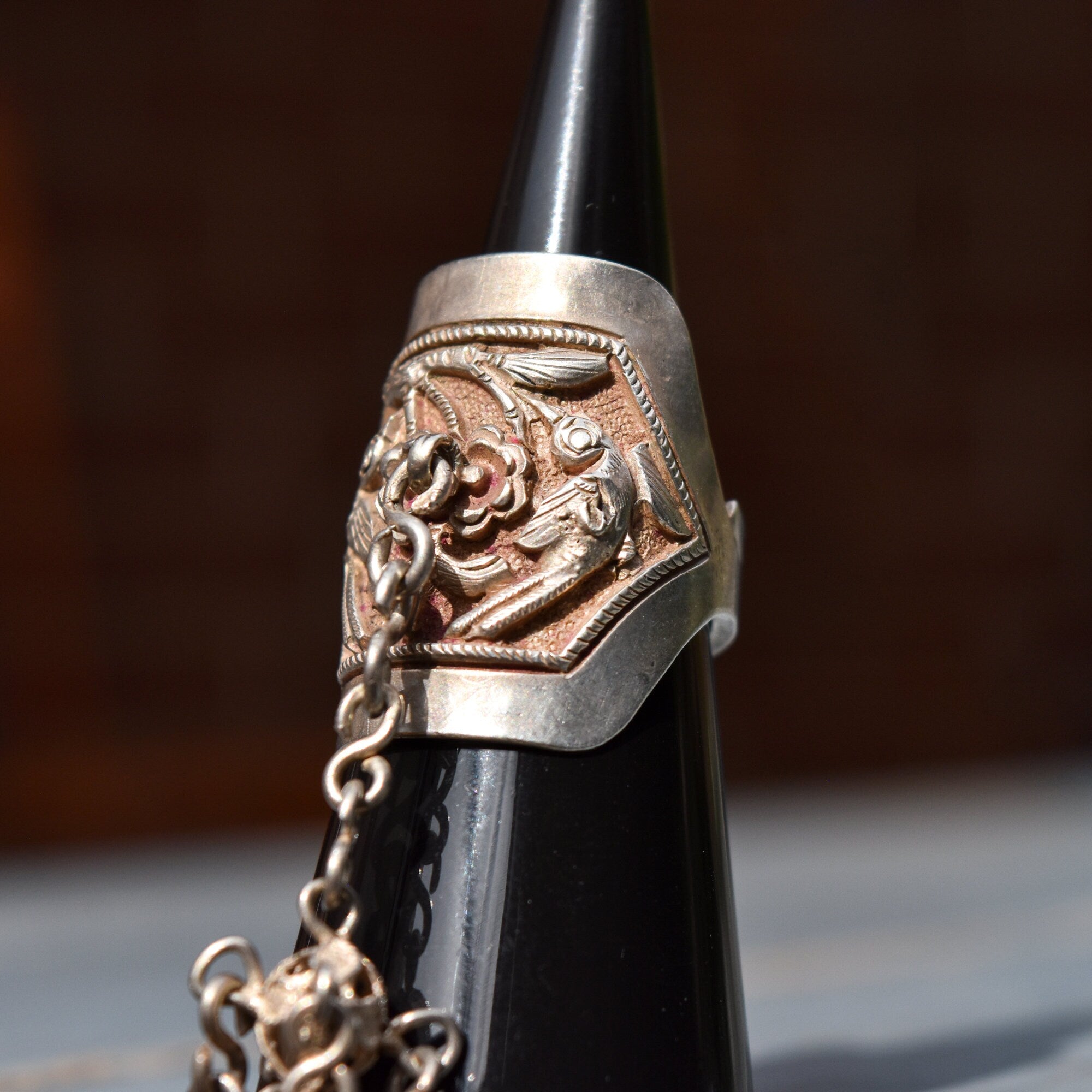 Antique Chinese Sterling Silver Repousse Opera Ring With Long Dangle Charm, Chased Floral & Bird Motif, Adjustable